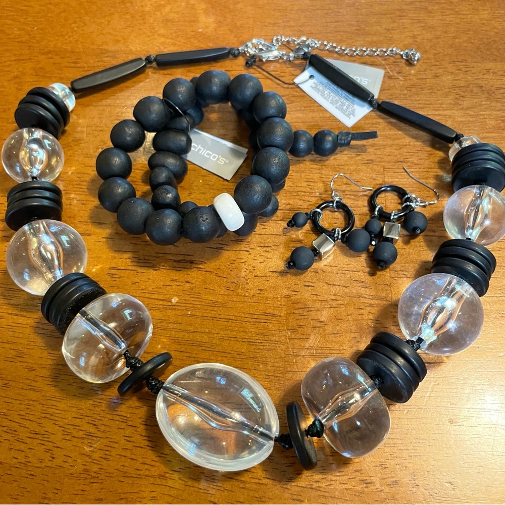 NWT/NWOT Chico's Black Clear Bobble Necklace Double Bracelet Dangle Earrings Bon